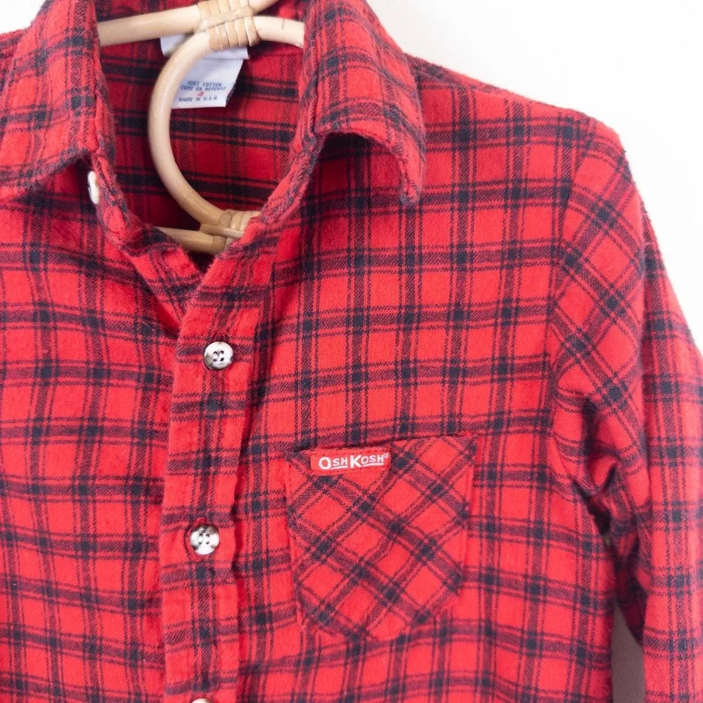 Vintage OshKosh B'gosh Flannel Shirt 90s Red Black Plaid Button Down Kids 4‎ USA